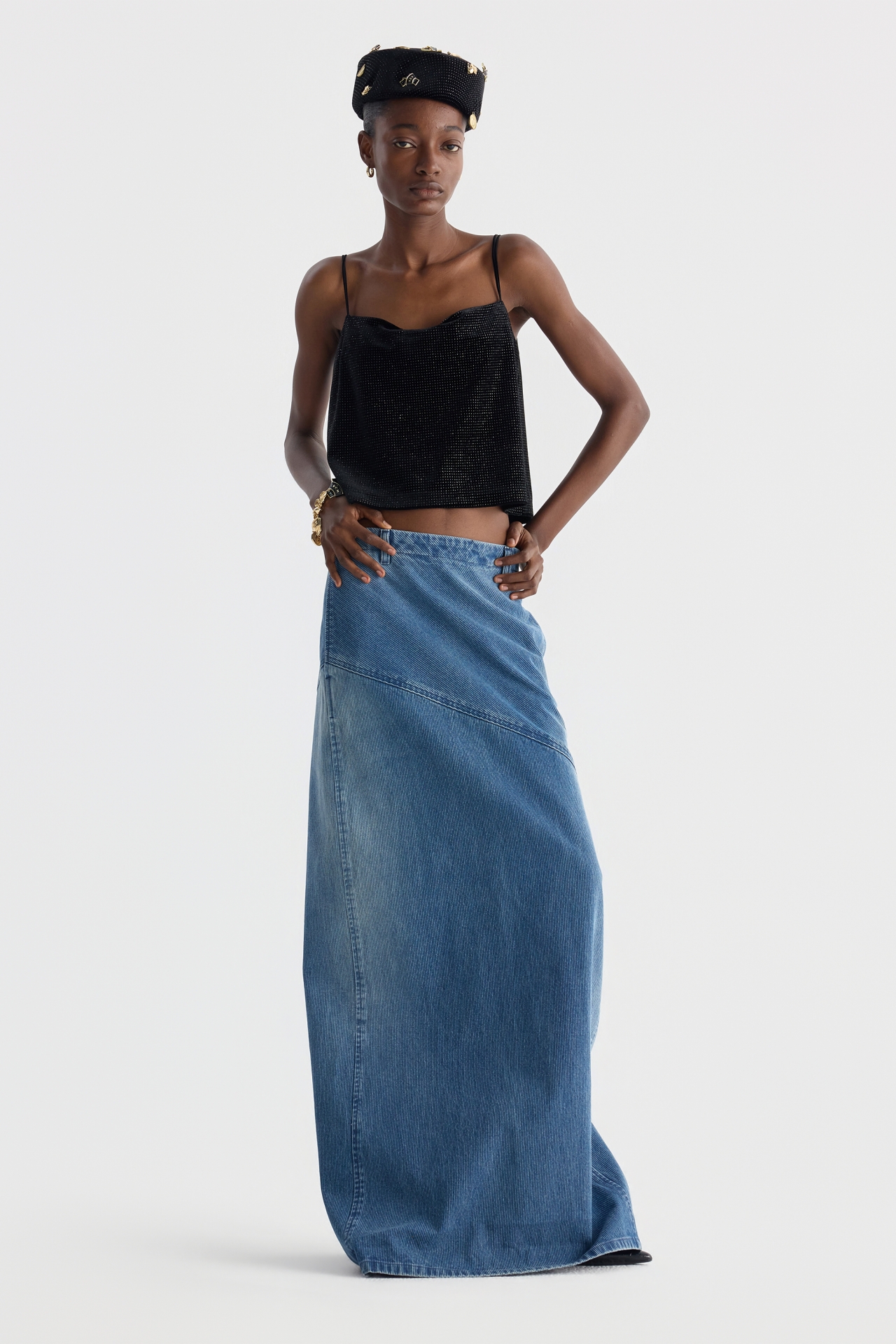 ASYMMETRIC PANEL DENIM MAXI SKIRT (F26DB8101BL)