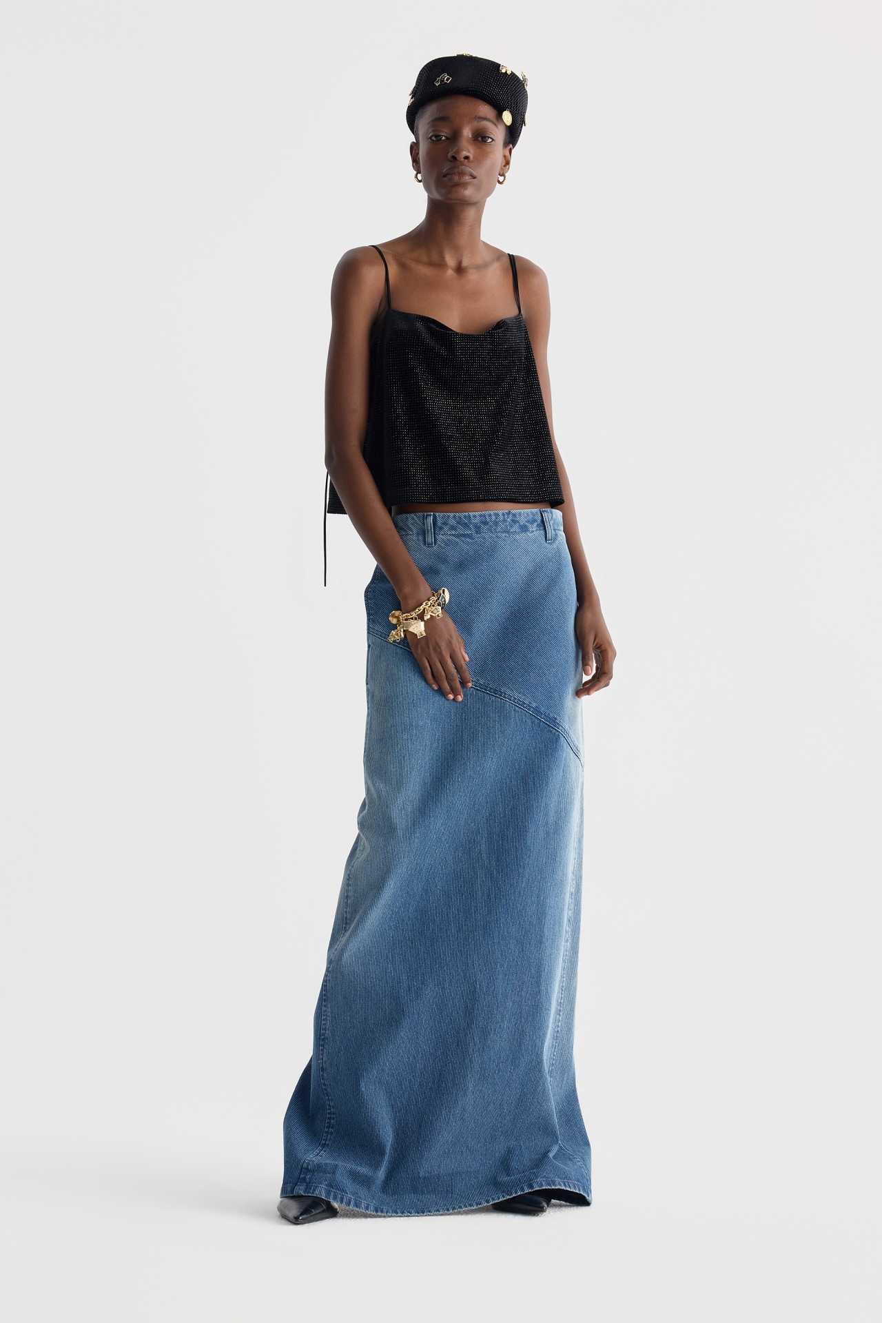 ASYMMETRIC PANEL DENIM MAXI SKIRT (F26DB8101BL)