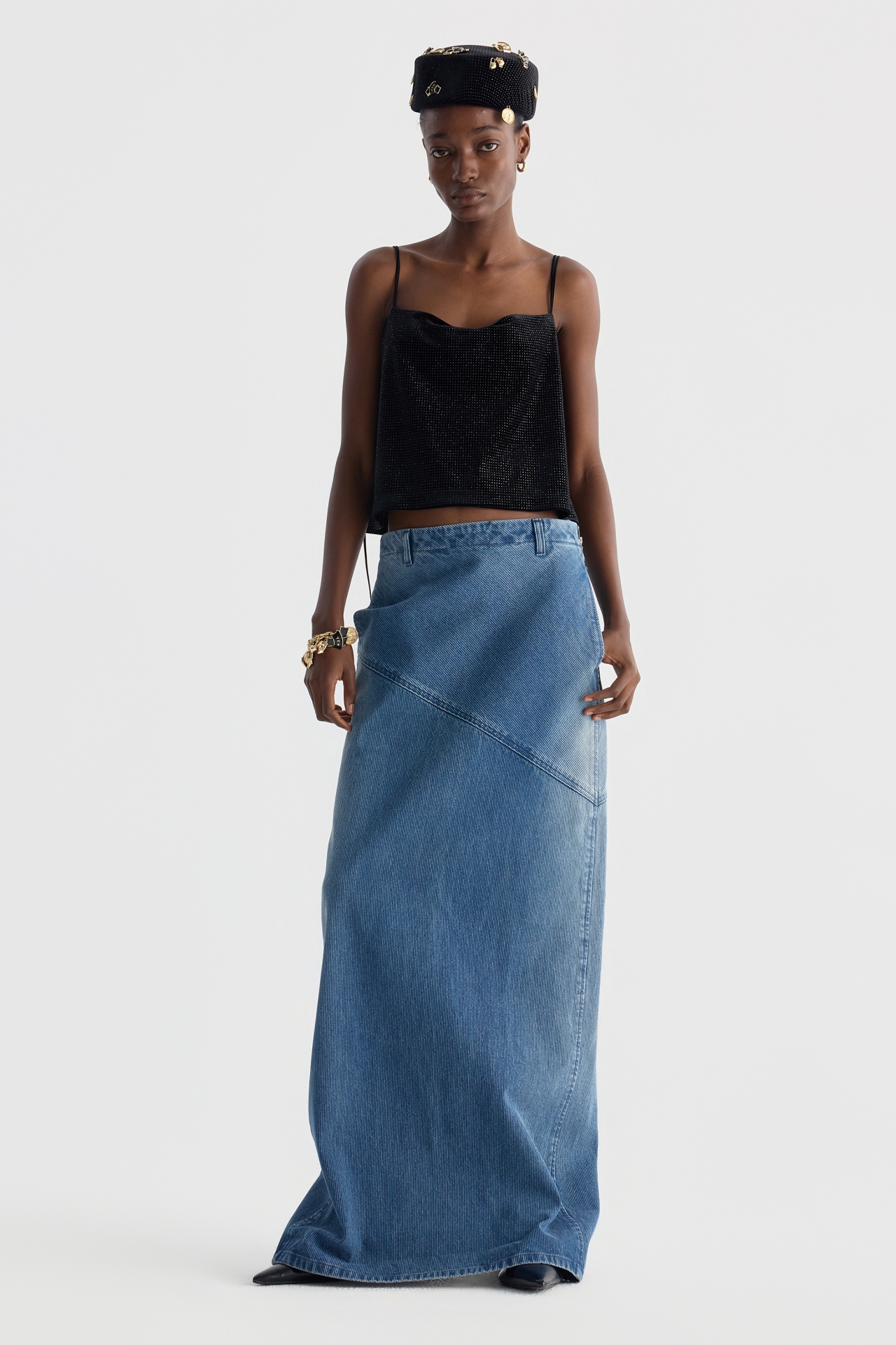 ASYMMETRIC PANEL DENIM MAXI SKIRT (F26DB8101BL)