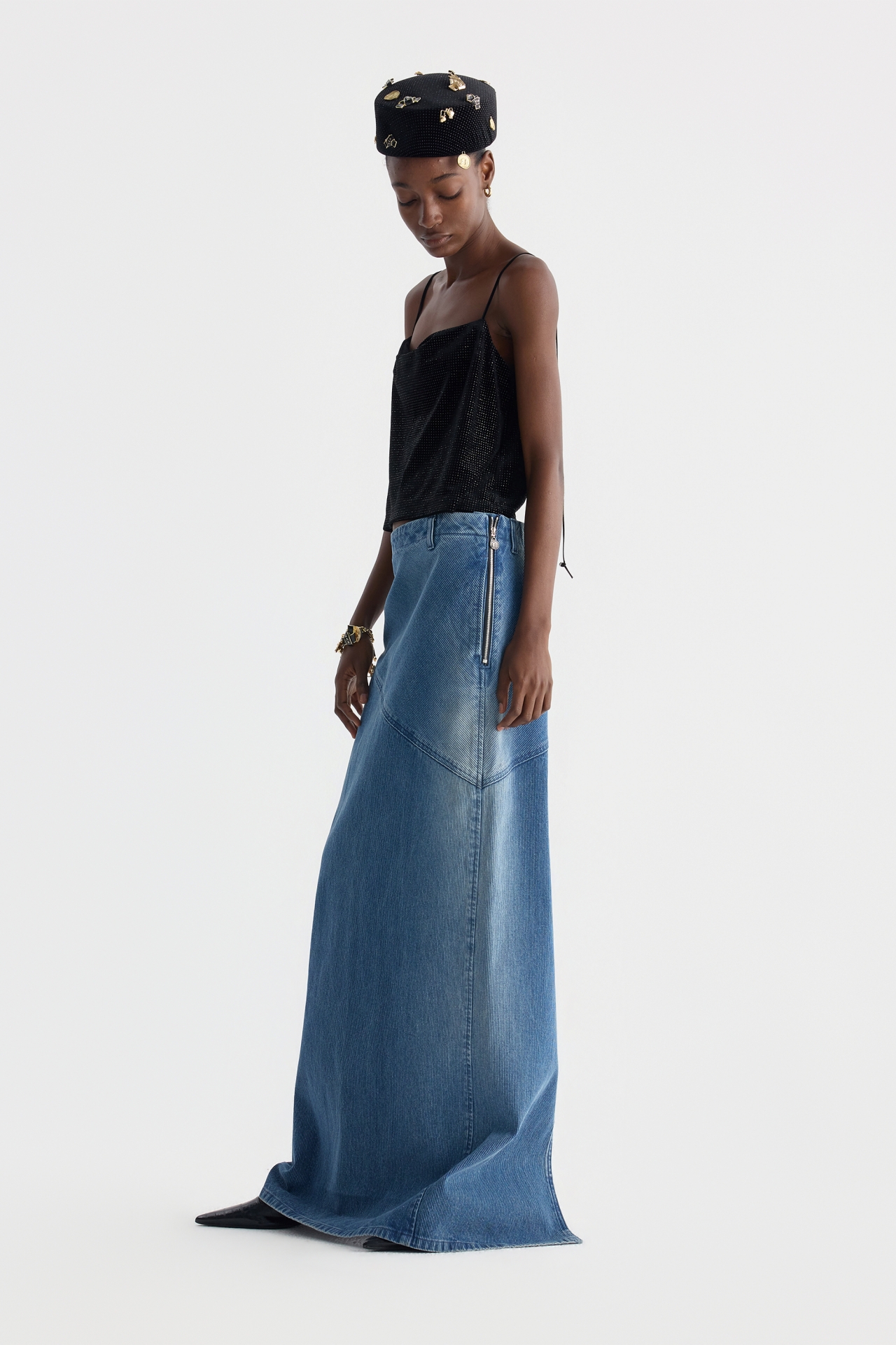 ASYMMETRIC PANEL DENIM MAXI SKIRT (F26DB8101BL)