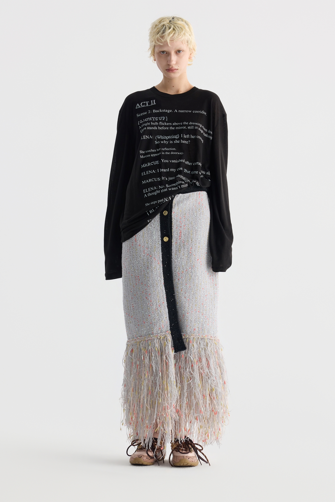 FRINGE-HEM TWEED MIDI SKIRT (F26KB9041GY)