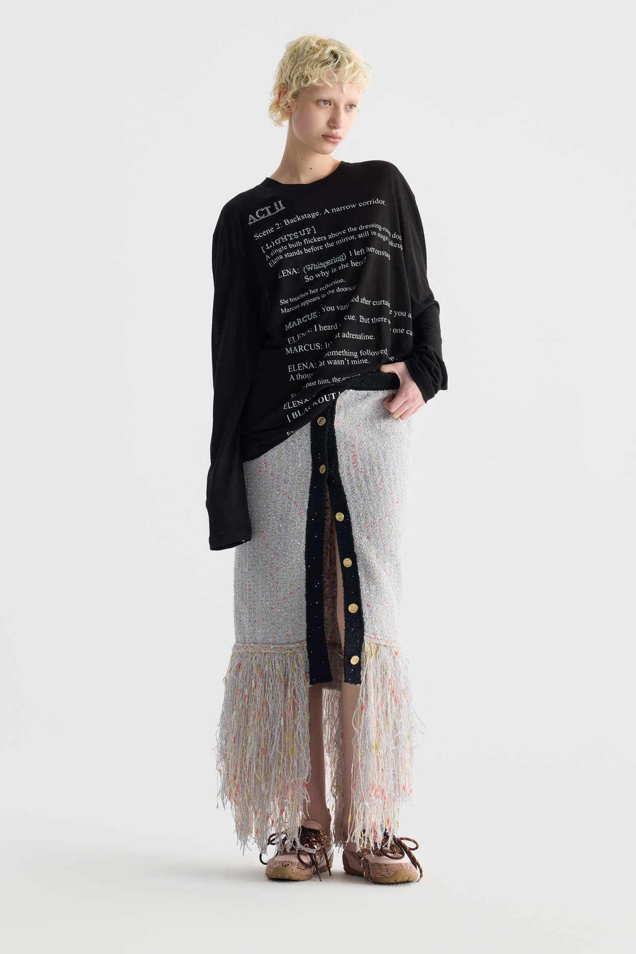 FRINGE-HEM TWEED MIDI SKIRT (F26KB9041GY)