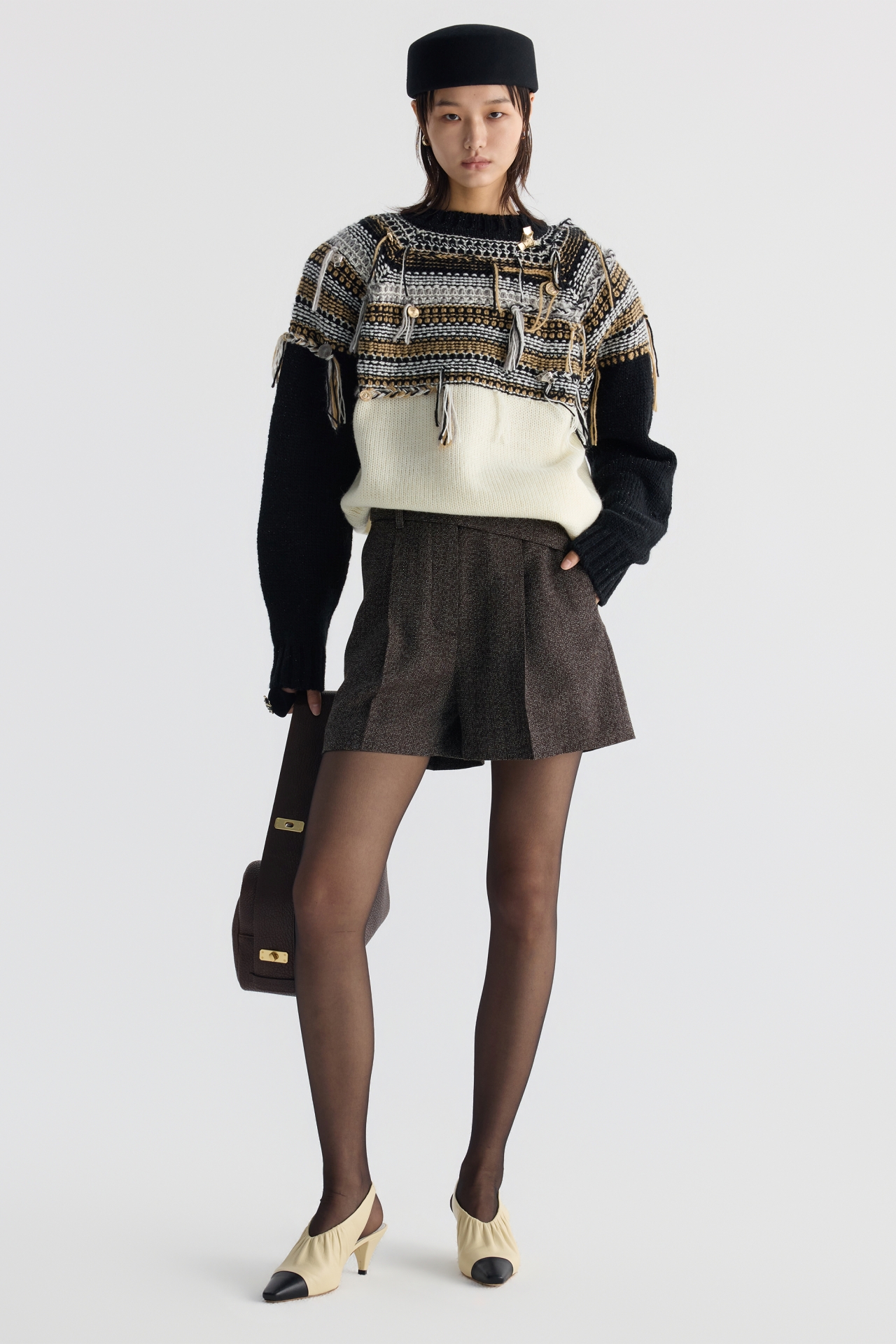 FRINGED FAIR ISLE PANELED SWEATER (F26KT9021BK)