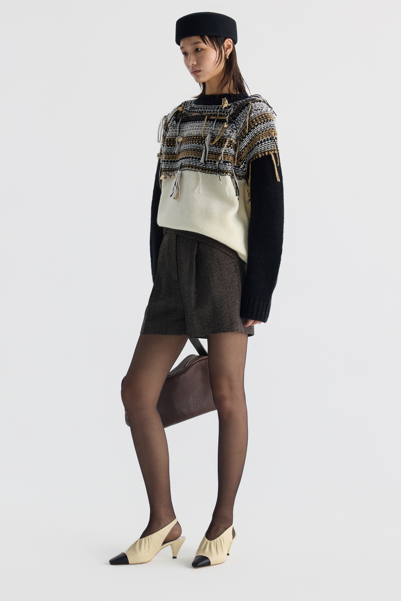 FRINGED FAIR ISLE PANELED SWEATER (F26KT9021BK)