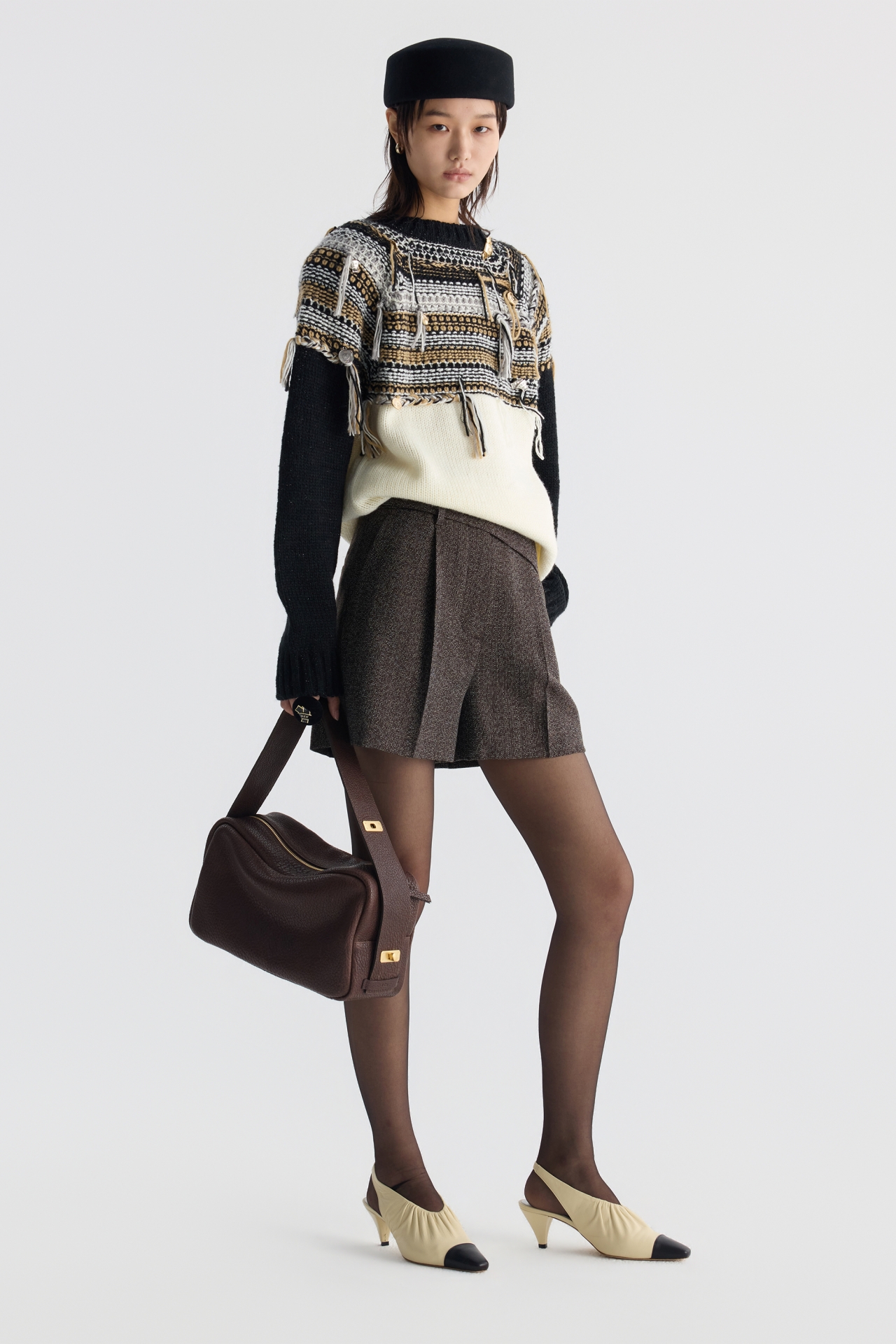 FRINGED FAIR ISLE PANELED SWEATER (F26KT9021BK)