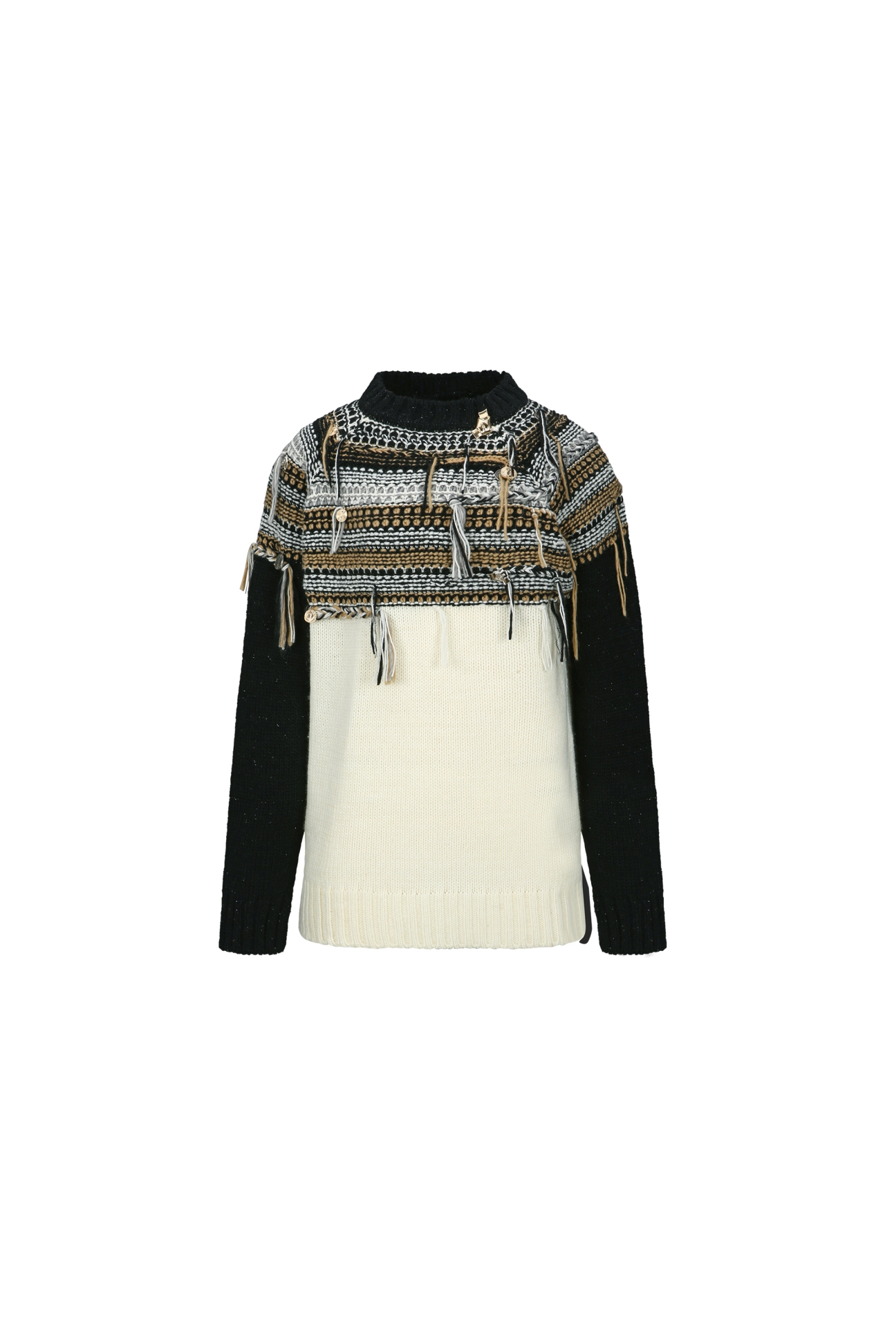 FRINGED FAIR ISLE PANELED SWEATER (F26KT9021BK)