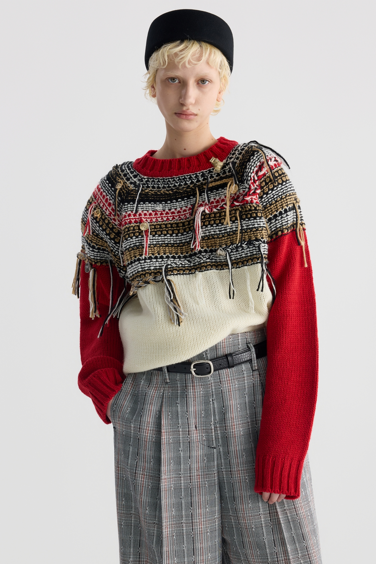 FRINGED FAIR ISLE PANELED SWEATER (F26KT9021RD)
