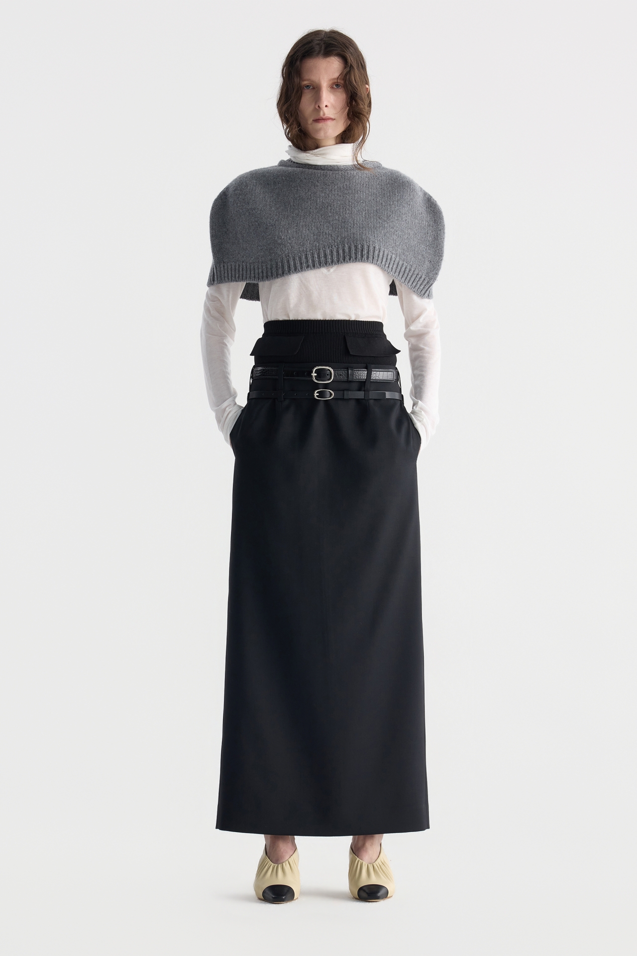 PANELED BELTED MAXI SKIRT (F26SK6021BK)