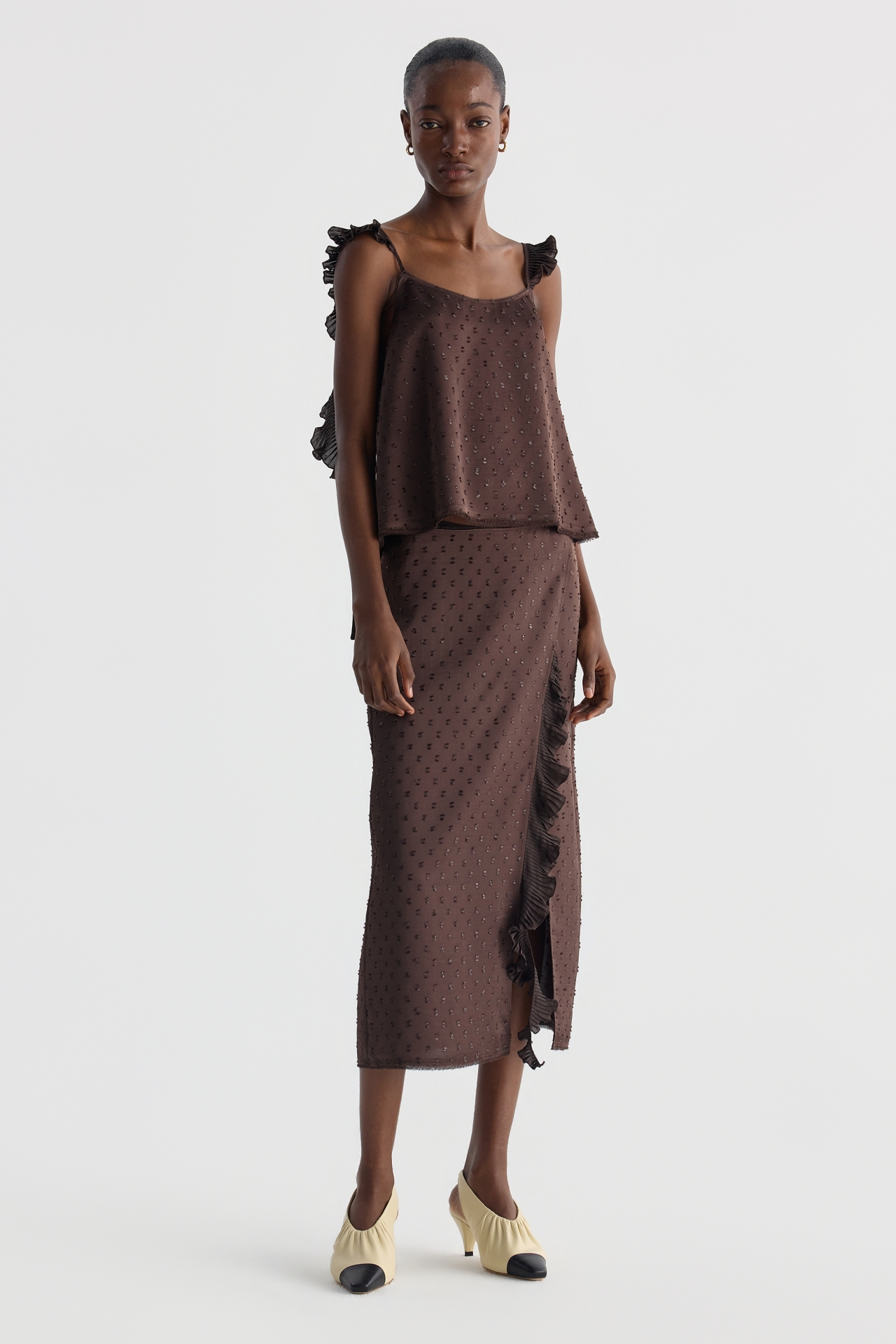 SIDE RUFFLE SKIRT (F26SK6031BR)