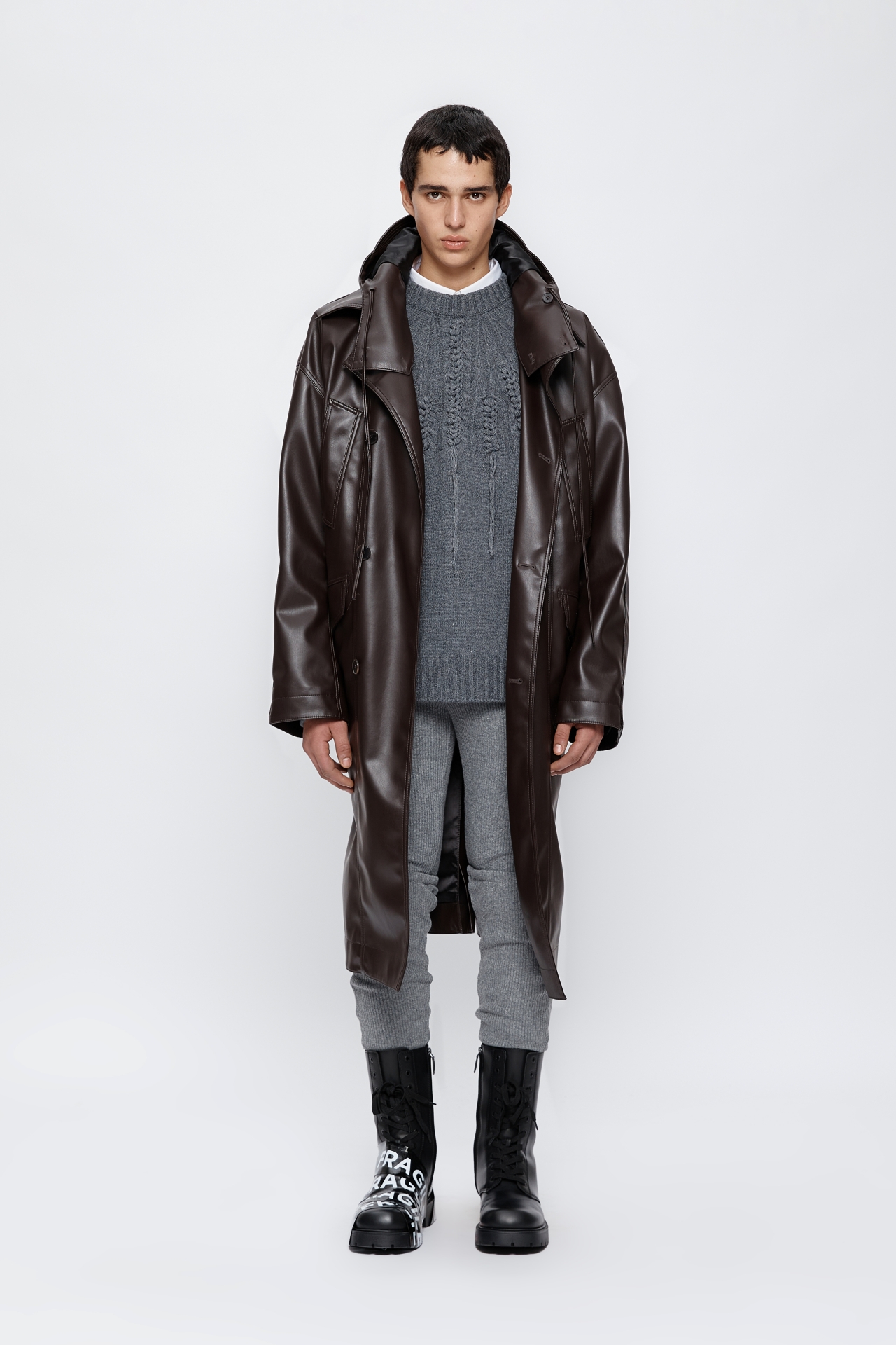 HOODED FAUX-LEATHER COAT (MF25OT0182BR)