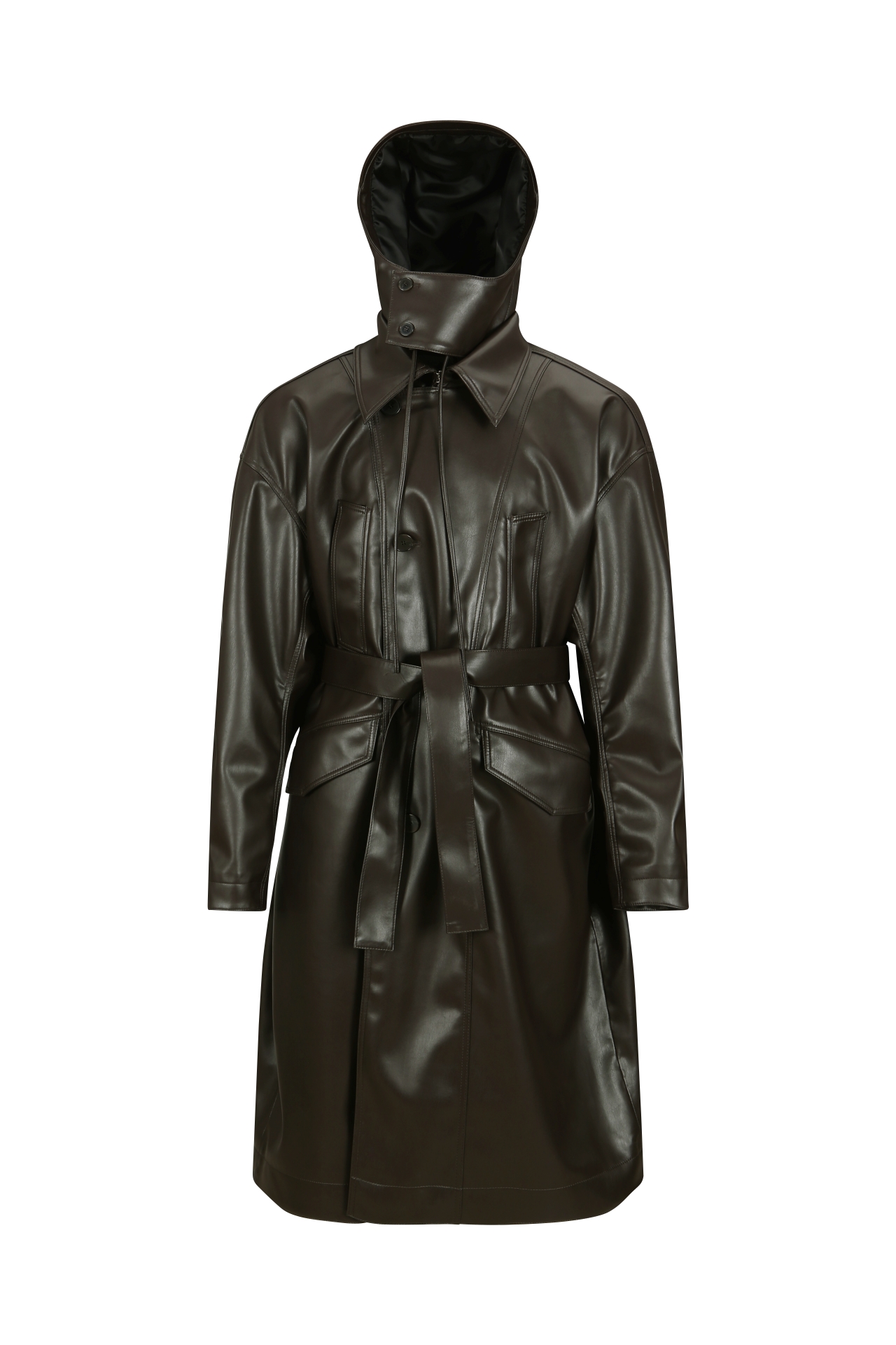 HOODED FAUX-LEATHER COAT (MF25OT0182BR)