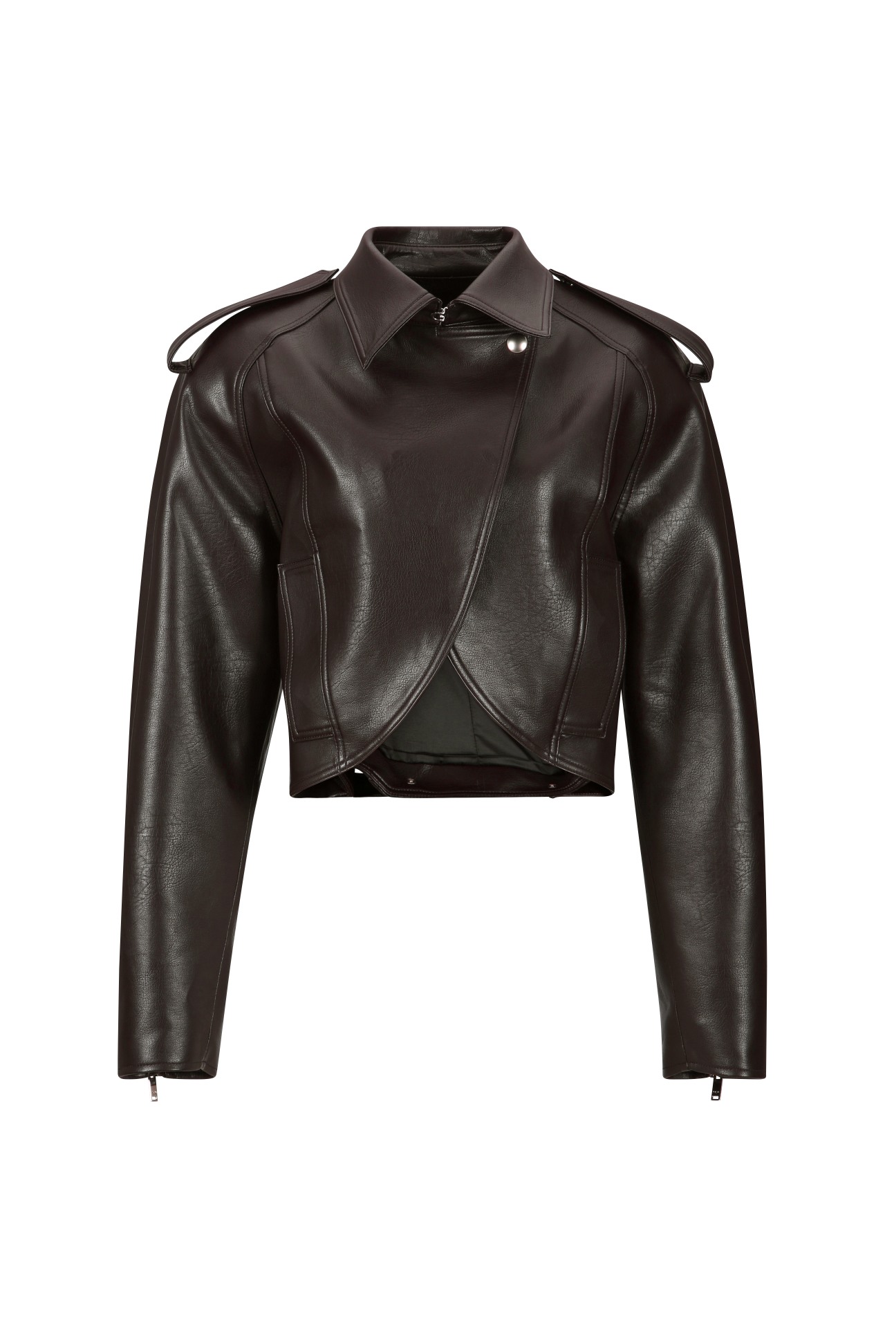 FAUX-LEAHER CURVED CROPPED JACKET BROWN (R25JK2072BR)