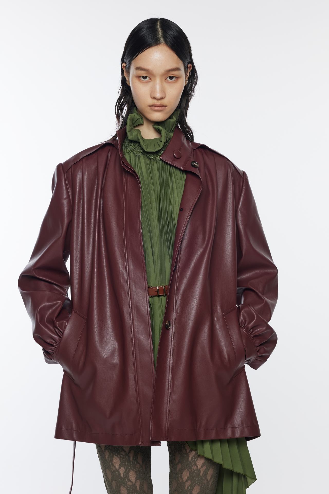 FAUX LEATHER BELT COAT (R26CT1011BD)