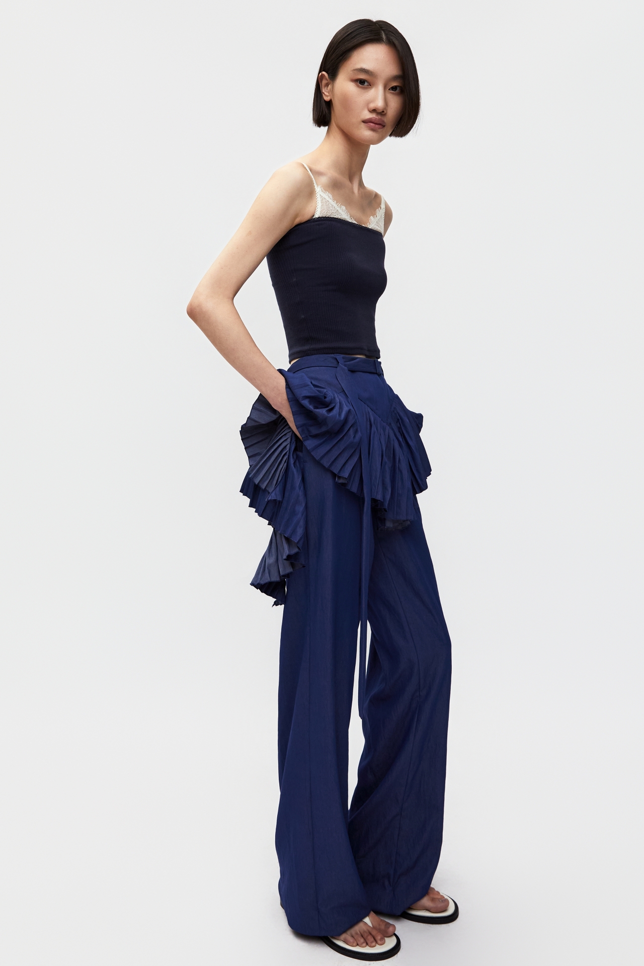 ASYMMETRICAL HEM FAUX TWO-PIECE PANTS (S26PT5062BL)