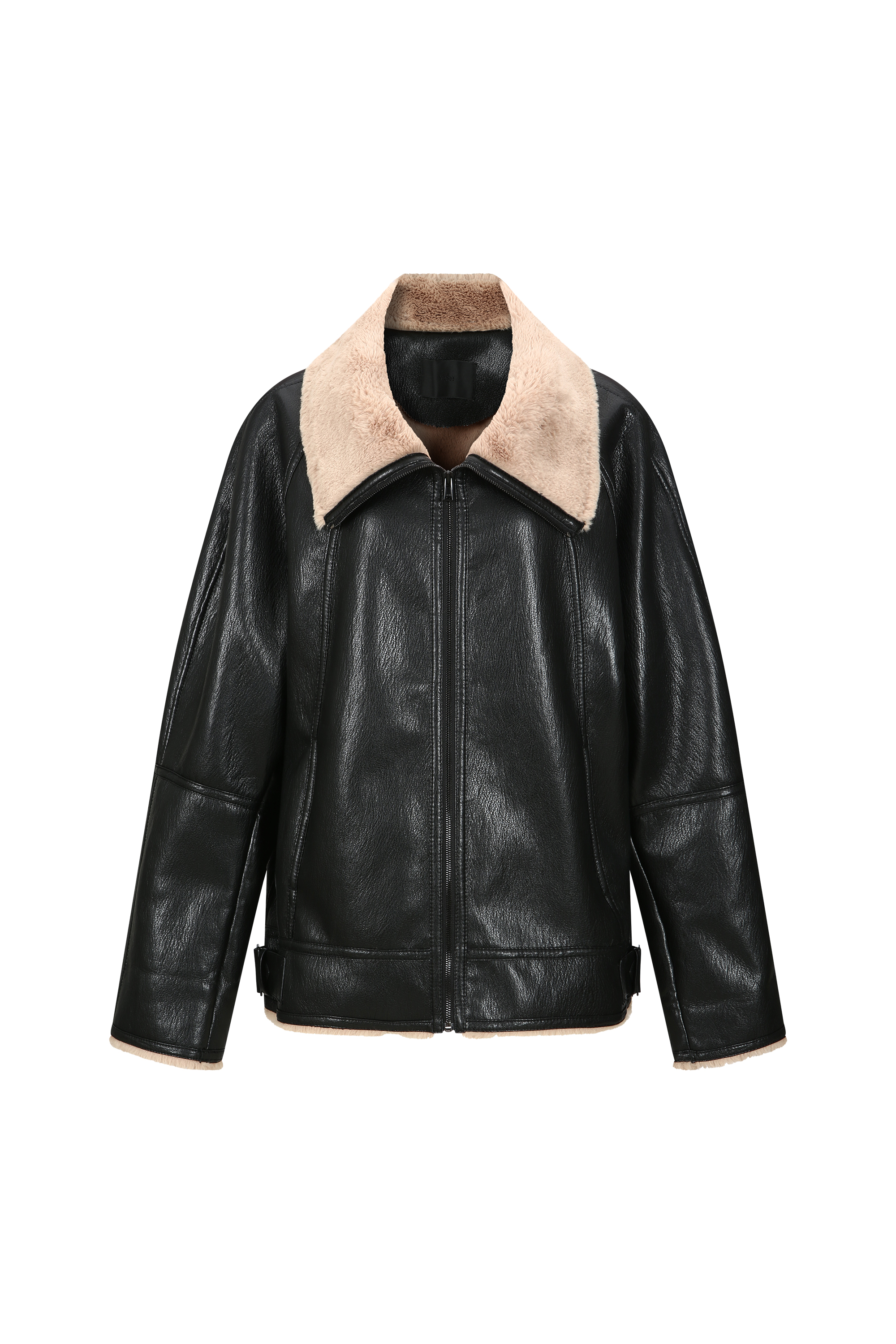 SHEARLING COLLAR FAUX LEATHER JACKET (W26OT0011BK)
