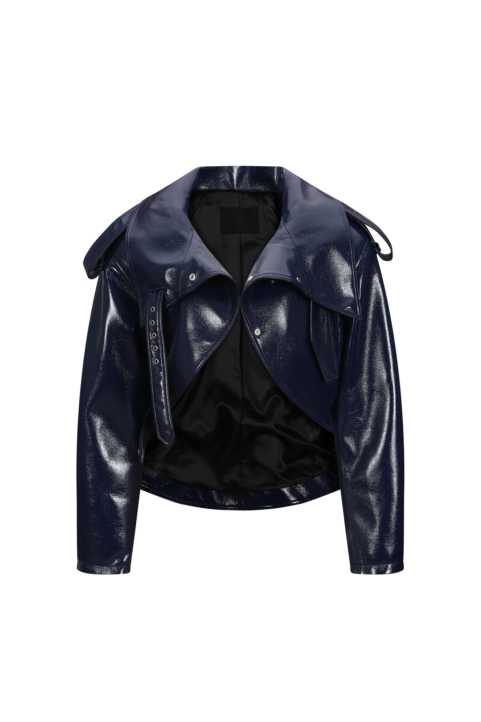 HIGH NECK FAUX LEAHER CURVED JACKET (W26OT0071NV)
