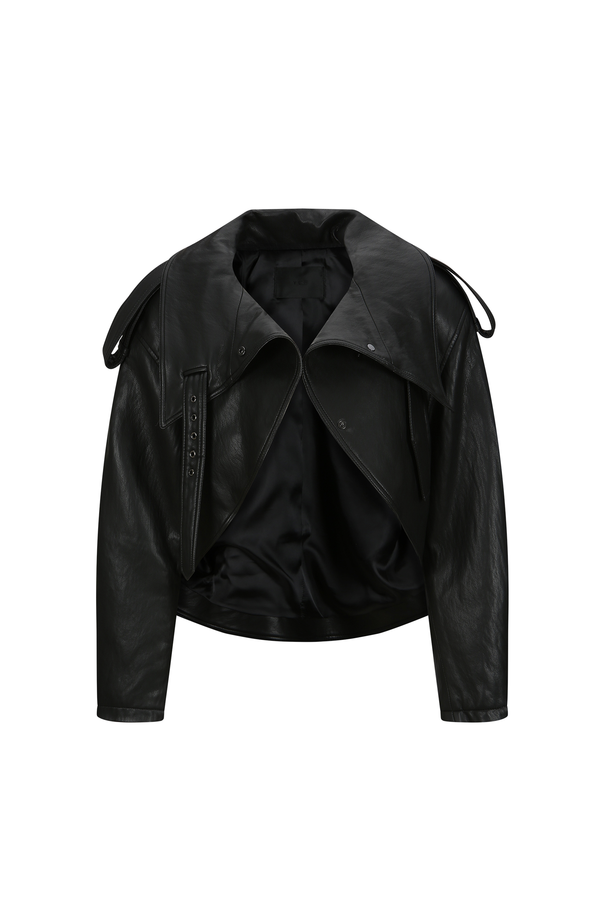 HIGH NECK FAUX LEAHER CURVED JACKET (W26OT0072BK)